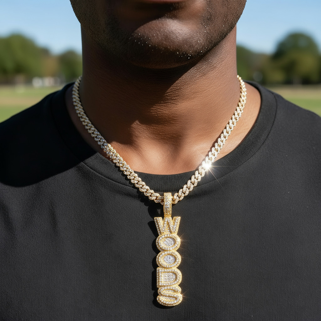 Iced Out Custom Double Layer Vertical Letter Pendant Gold - Image 7
