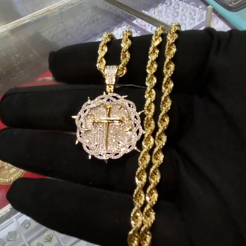 Iced Out Crown Of Thorns Nail Cross Pendant Gold With Street Luxury Shine - Image 4