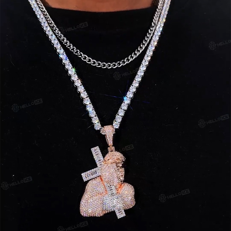 Iced Out Out Jesus Carrying Baguette Cut Cross Pendant Gold - Image 4