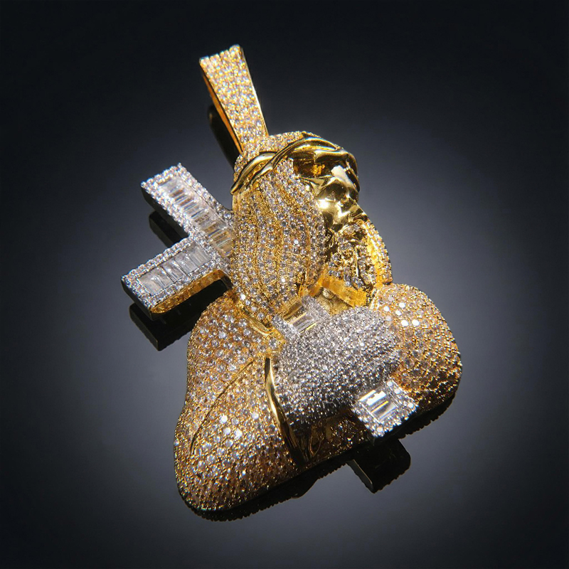 Iced Out Out Jesus Carrying Baguette Cut Cross Pendant Gold