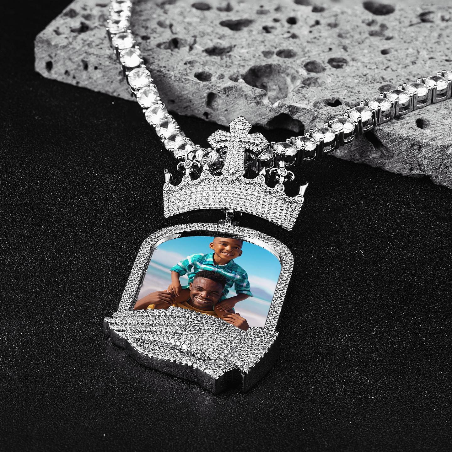 Iced Out Out Cross Crown Praying Hands Custom Photo Pendant Gold - Image 3