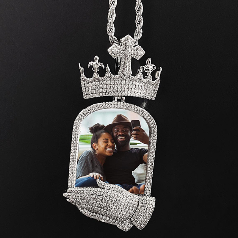 Iced Out Out Cross Crown Praying Hands Custom Photo Pendant Gold
