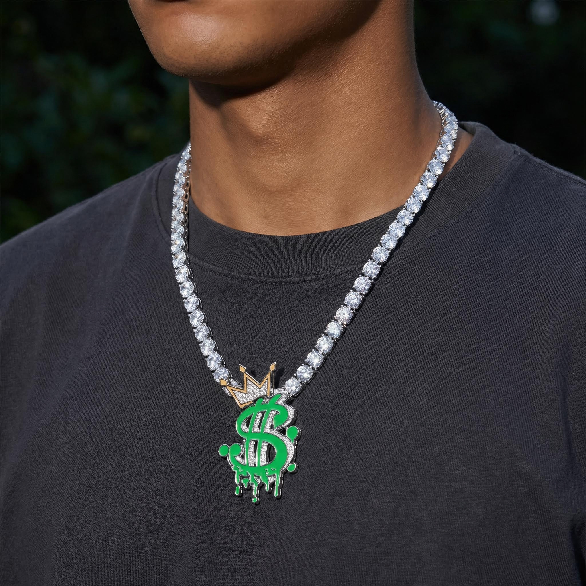Glow In The Dark Iced Out Out Crown Dollar Sign Pendant Gold - Image 3