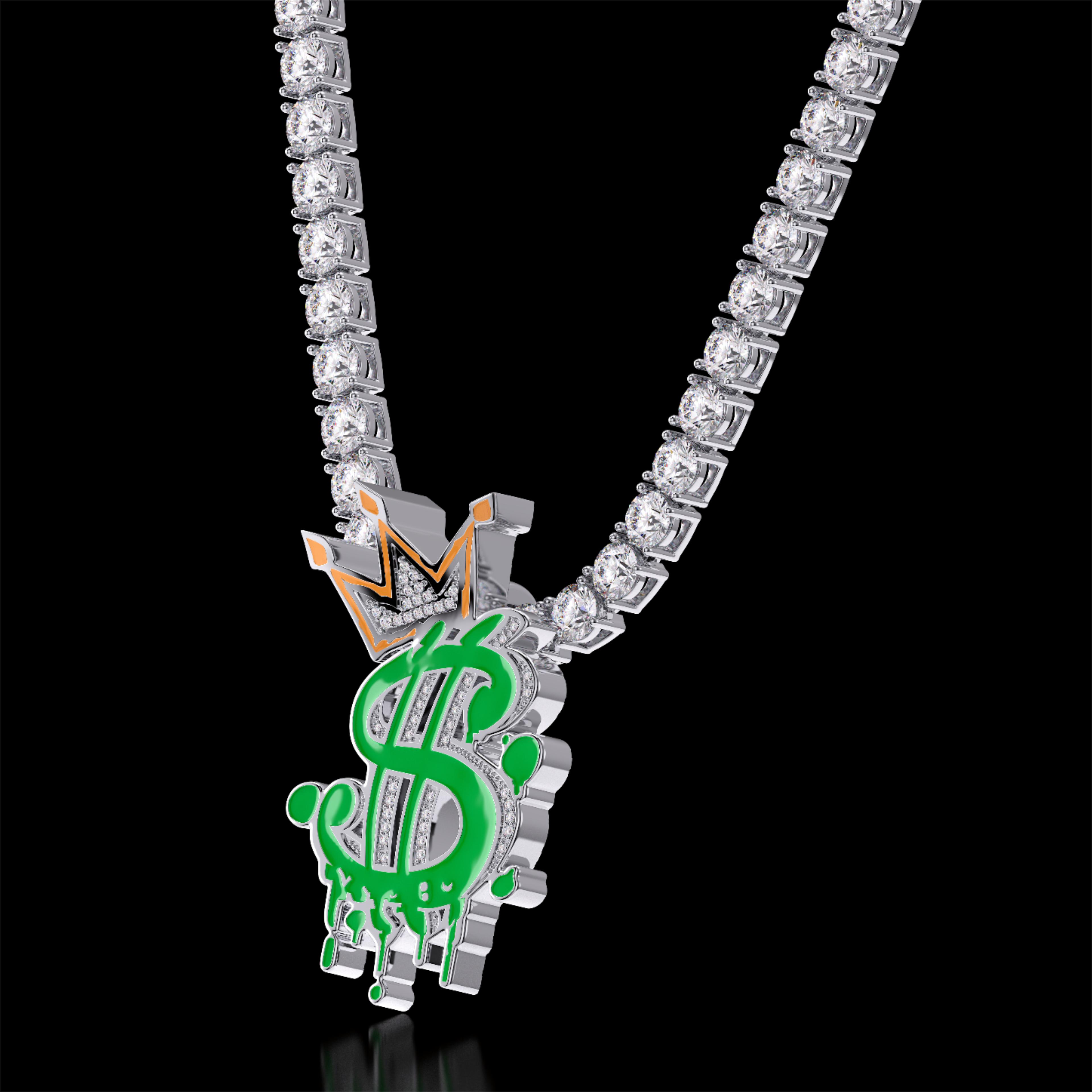 Glow In The Dark Iced Out Out Crown Dollar Sign Pendant Gold - Image 4