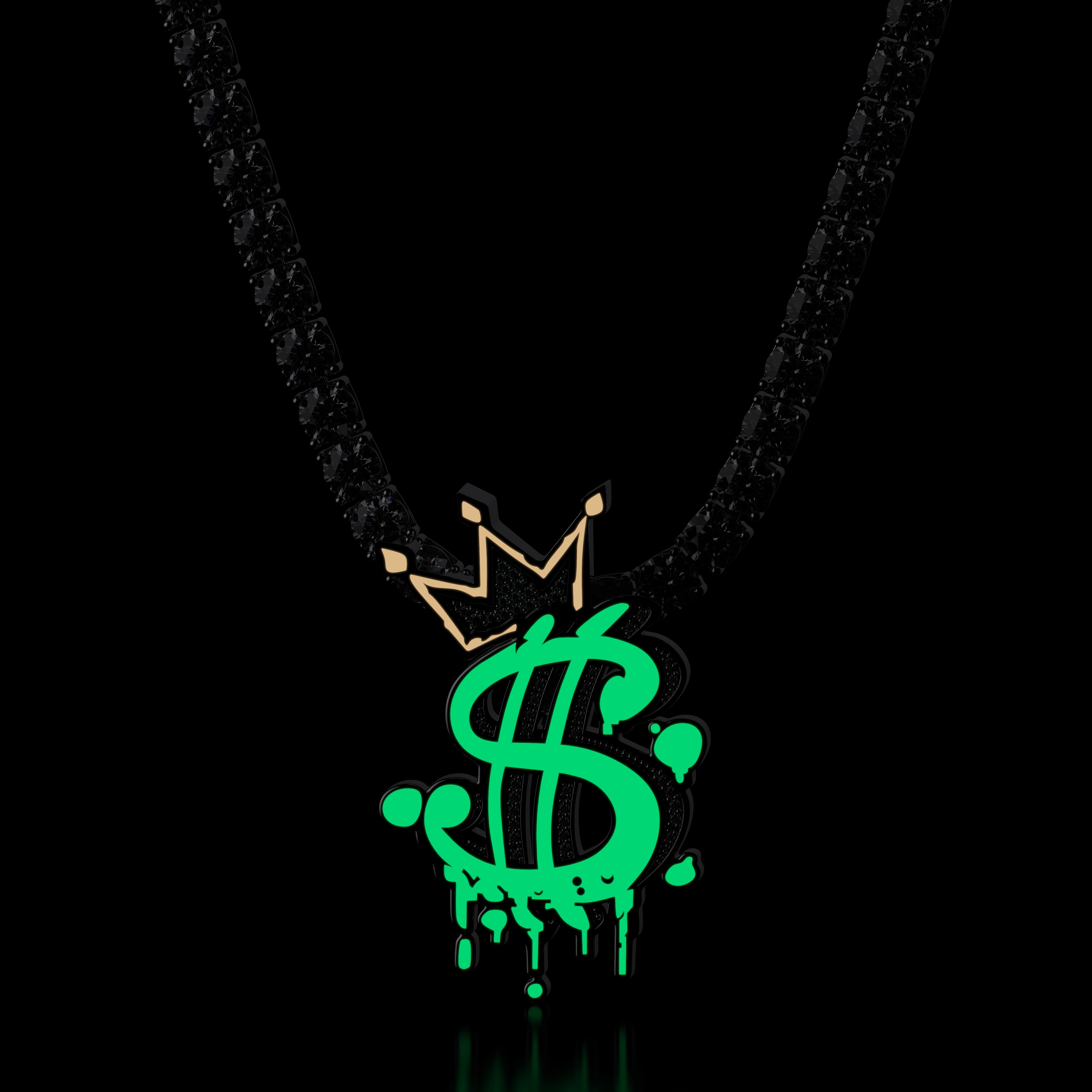 Glow In The Dark Iced Out Out Crown Dollar Sign Pendant Gold - Image 5