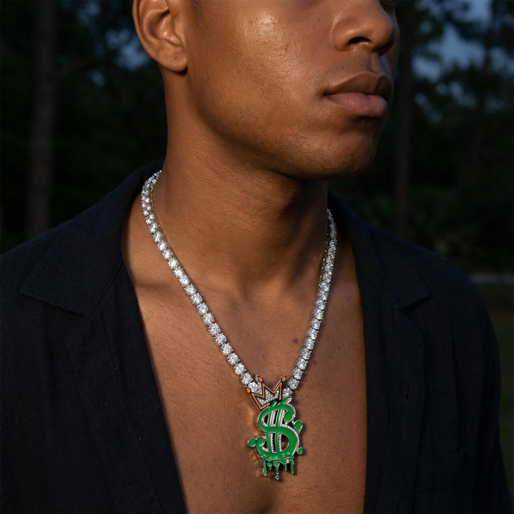 Glow In The Dark Iced Out Out Crown Dollar Sign Pendant Gold - Image 6
