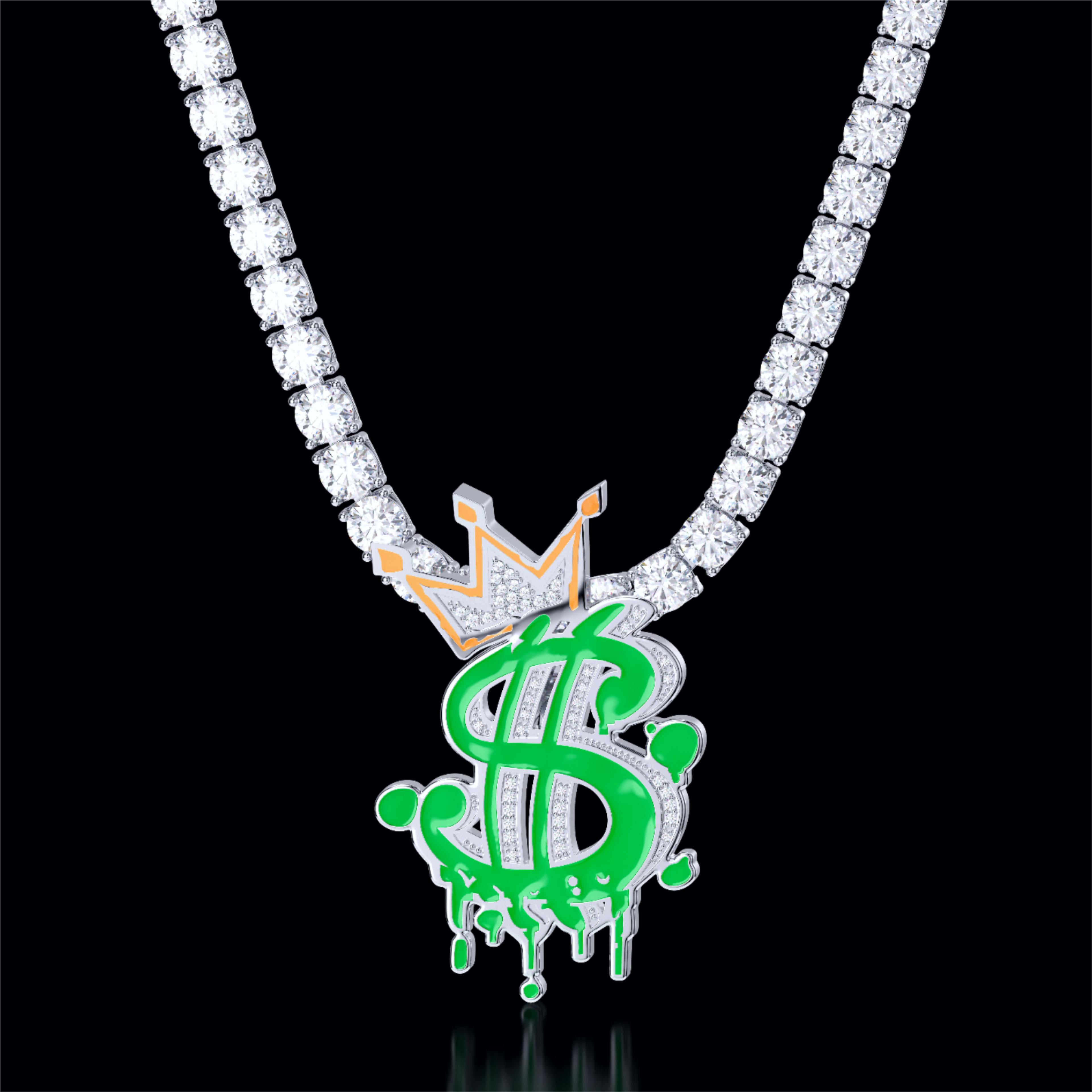 Glow In The Dark Iced Out Out Crown Dollar Sign Pendant Gold