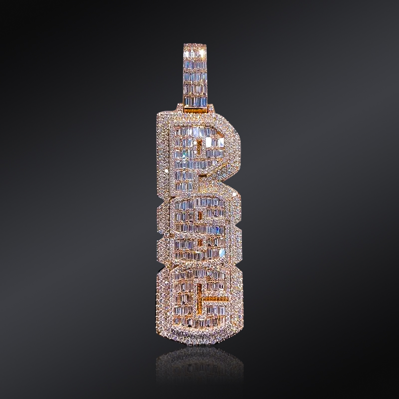 Iced Out Custom Double Layer Baguette Cut Vertical Letter Pendant Gold - Image 3