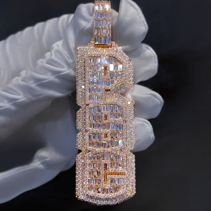 Iced Out Custom Double Layer Baguette Cut Vertical Letter Pendant Gold