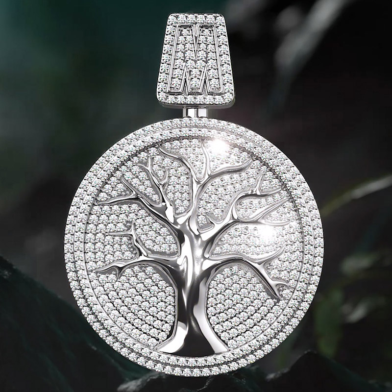 Iced Out Out Initial Letter Tree Of Life Two-tone Pendant Gold - Image 3