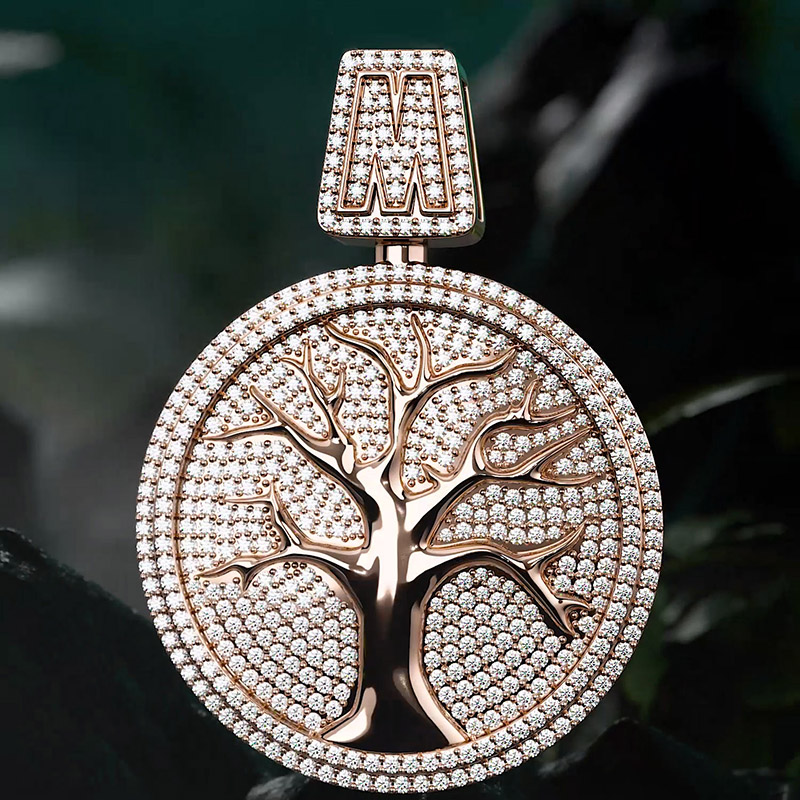 Iced Out Out Initial Letter Tree Of Life Two-tone Pendant Gold - Image 5