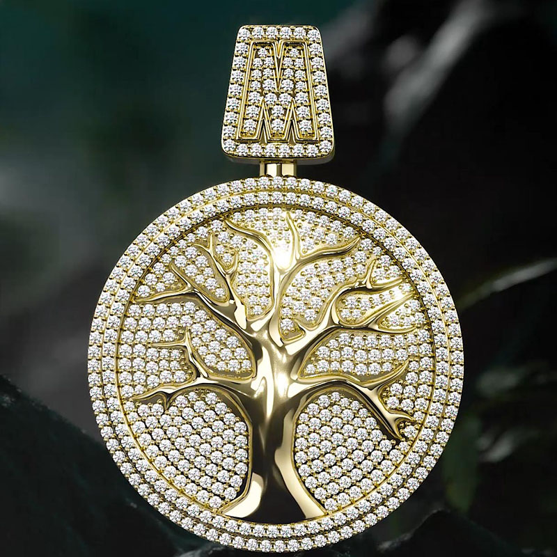 Iced Out Out Initial Letter Tree Of Life Two-tone Pendant Gold - Image 6