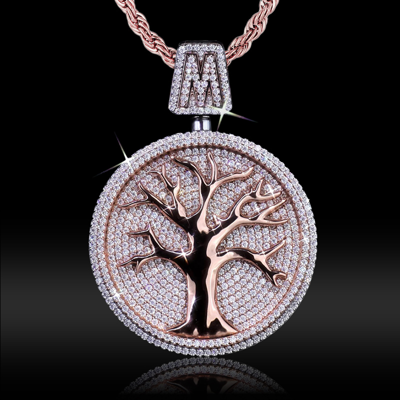 Iced Out Out Initial Letter Tree Of Life Two-tone Pendant Gold