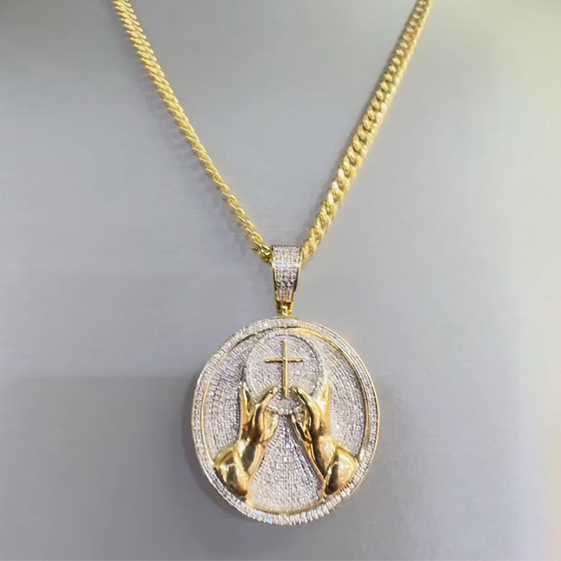 Iced Out Out Hands With Cross Round Pendant Silver With Street Luxury Shine - Image 3