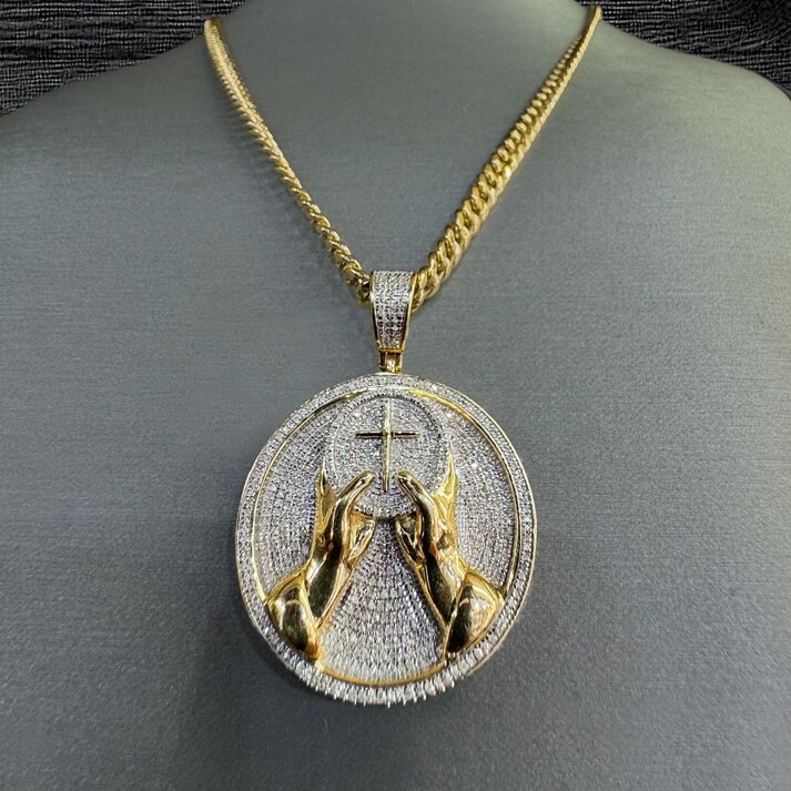 Iced Out Out Hands With Cross Round Pendant Silver With Street Luxury Shine
