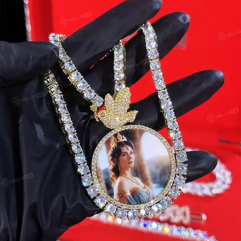 Iced Out Custom Photo Pendant With Dove Clasp Gold With Street Luxury Shine - Image 3