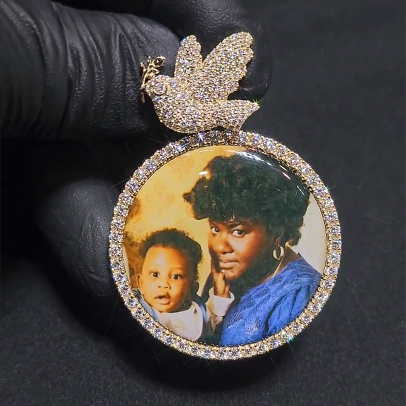 Iced Out Custom Photo Pendant With Dove Clasp Gold With Street Luxury Shine
