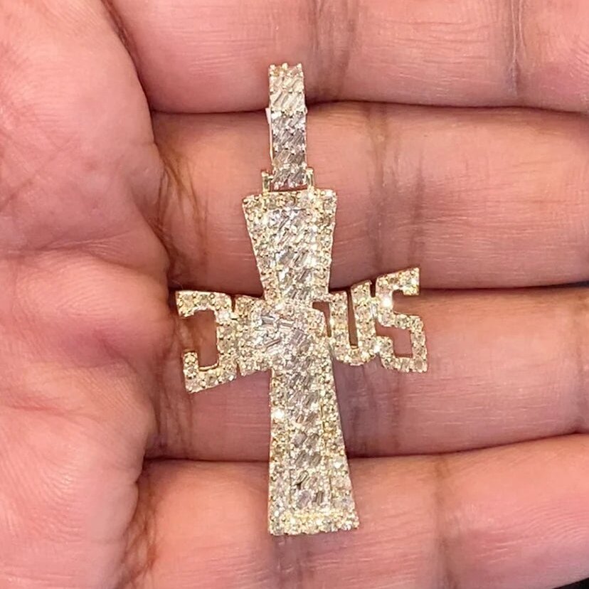 Iced Out Baguette Cut Jesus Letter Cross Pendant With Street Luxury Shine - Image 3