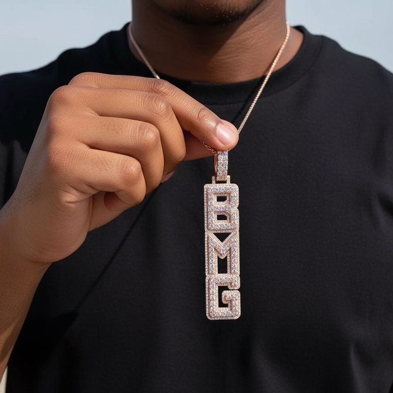 Full Iced Out Custom Double Layer Vertical Letter Pendant Gold - Image 4