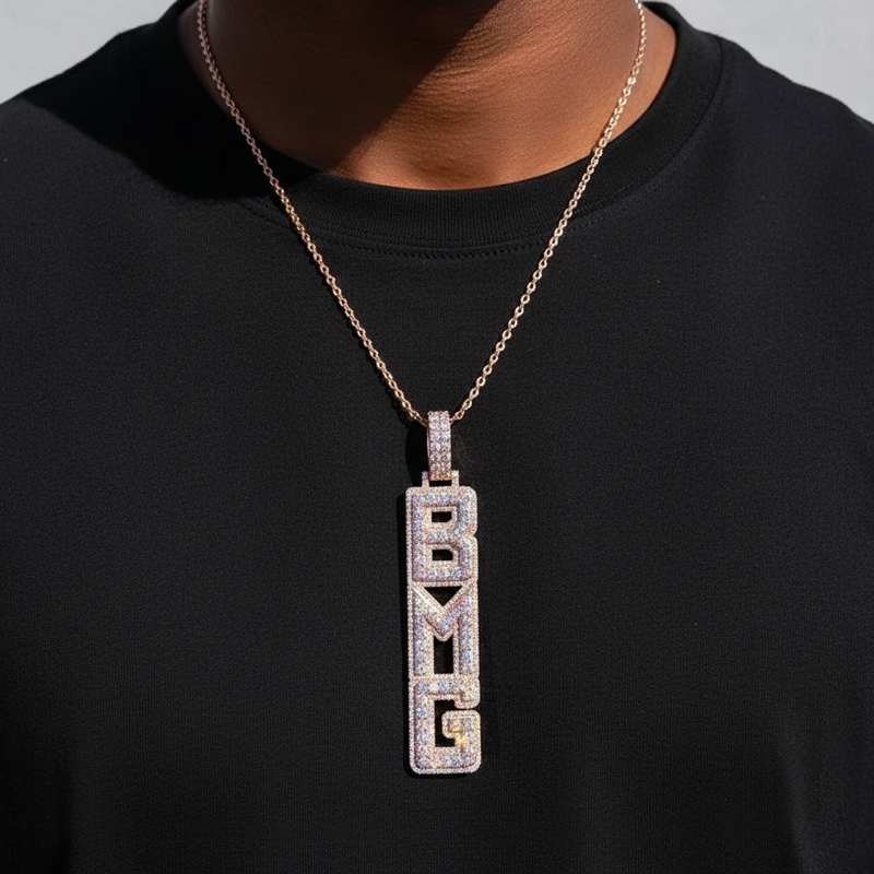 Full Iced Out Custom Double Layer Vertical Letter Pendant Gold - Image 5