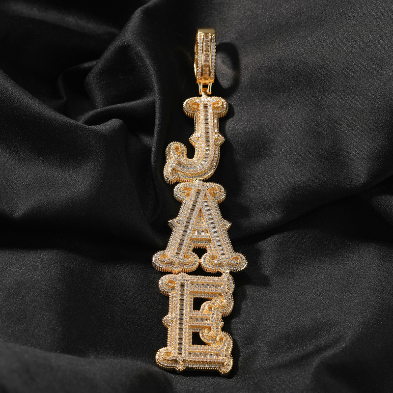 Iced Out Out Vertical Custom Thorns Baguette Letters Pendant Gold - Image 3