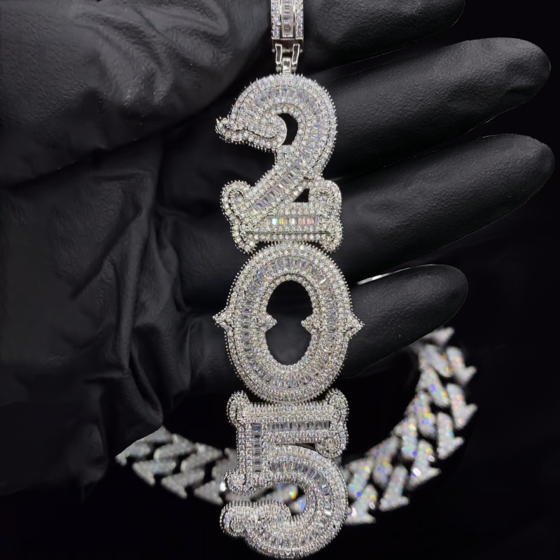 Iced Out Out Vertical Custom Thorns Baguette Letters Pendant Gold - Image 6