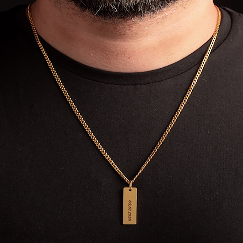 Engraved Custom Stainless Steel Bar Pendant With 3mm Cuban Chain Silver - Image 4