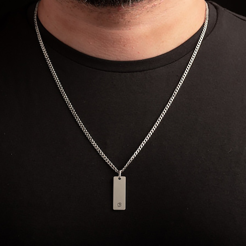 Engraved Custom Stainless Steel Bar Pendant With 3mm Cuban Chain Silver - Image 7
