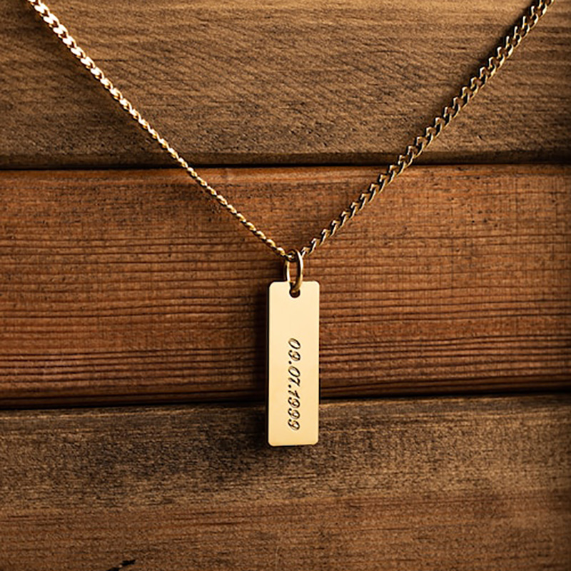 Engraved Custom Stainless Steel Bar Pendant With 3mm Cuban Chain Silver