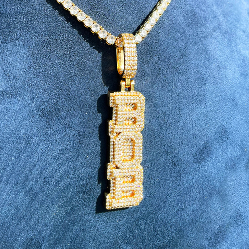 Iced Out Out Custom Double Layer Letters Vertical Name Pendant Gold - Image 4