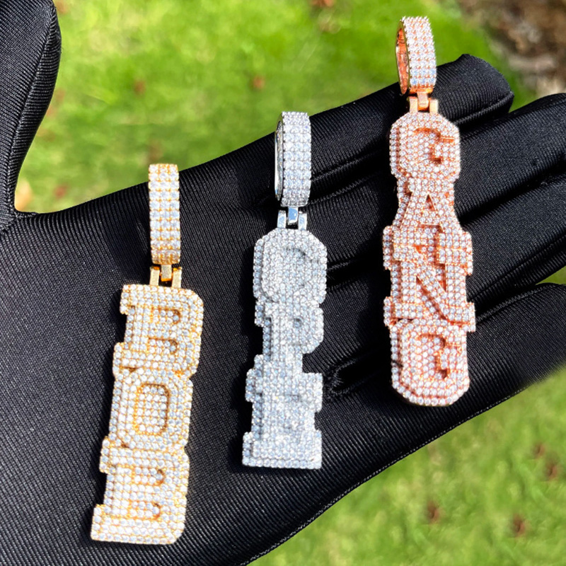 Iced Out Out Custom Double Layer Letters Vertical Name Pendant Gold