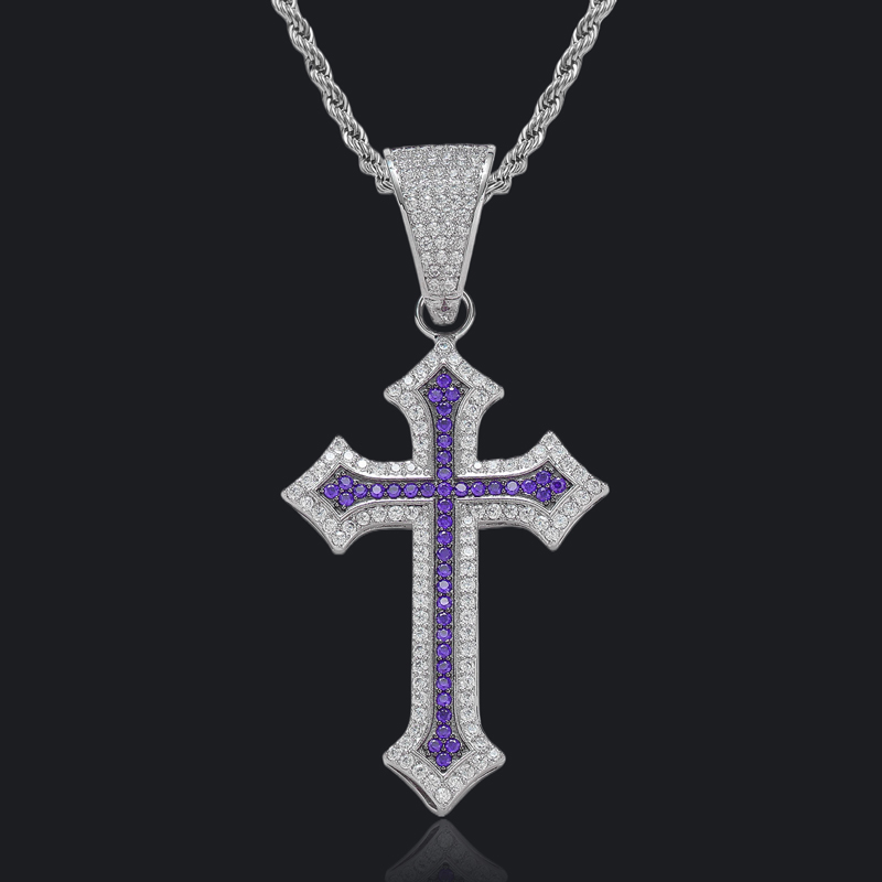 Bold Iced Out Out Black/emerald/purple/ruby Cross Pendant In White Gold - Image 5