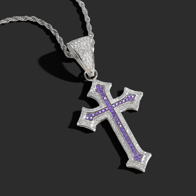 Bold Iced Out Out Black/emerald/purple/ruby Cross Pendant In White Gold - Image 8