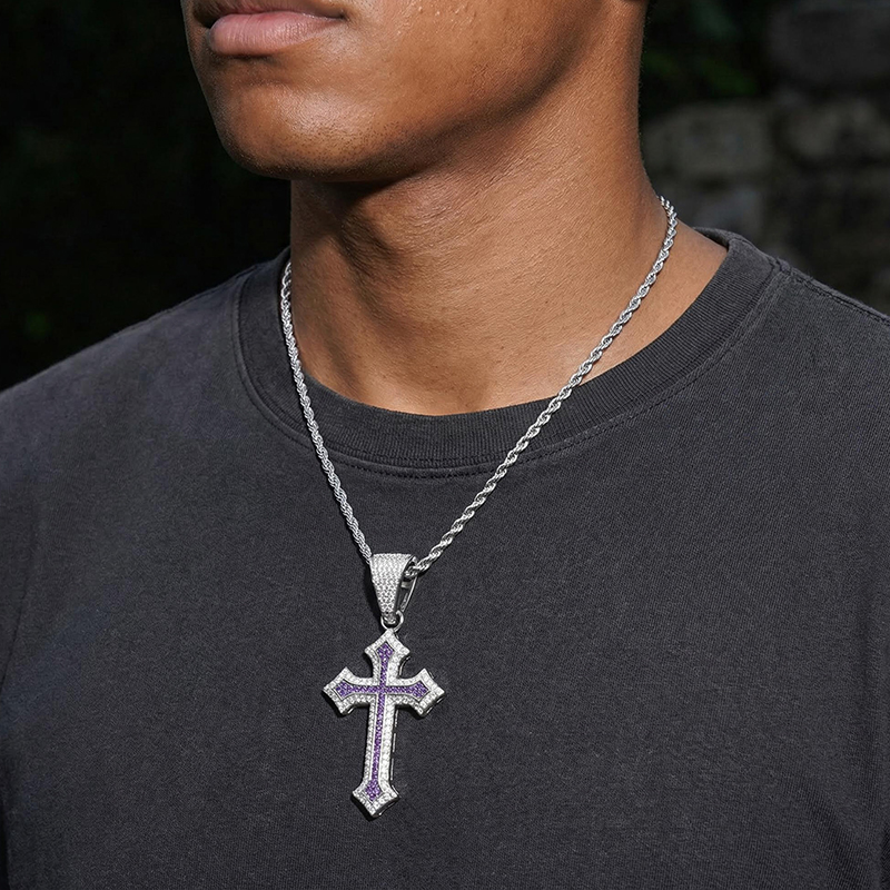Bold Iced Out Out Black/emerald/purple/ruby Cross Pendant In White Gold - Image 9