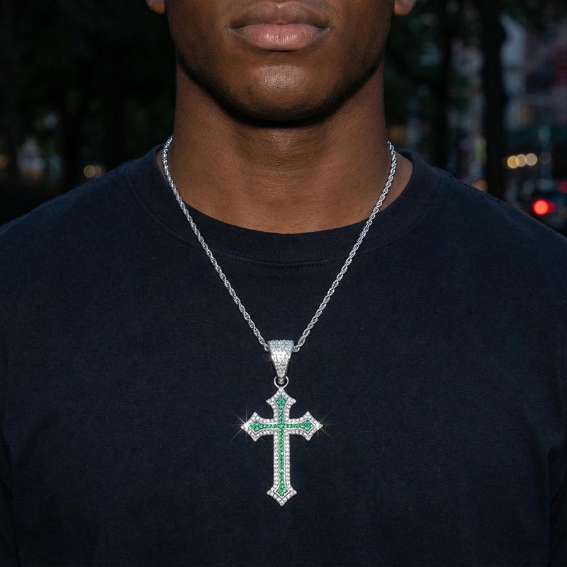 Bold Iced Out Out Black/emerald/purple/ruby Cross Pendant In White Gold - Image 12