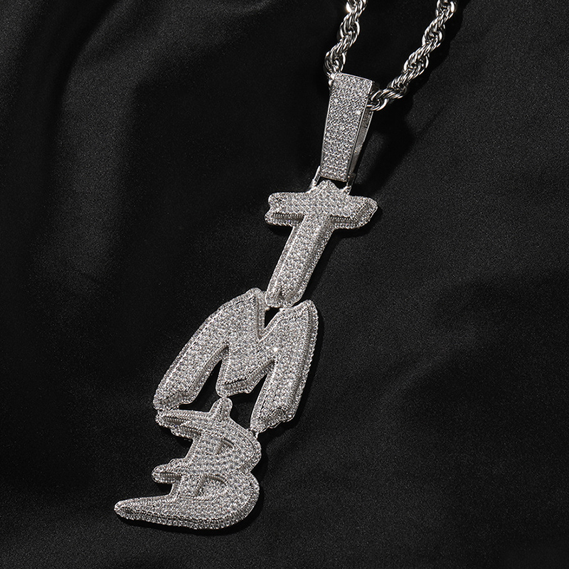 Iced Out Out Custom Brush Script Cursive Vertical Letter Pendant Gold - Image 3