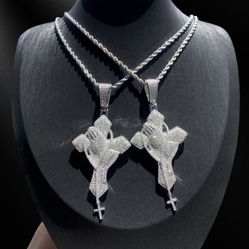 Iced Out Out Praying Hands Cross Pendant In White Gold With Gold Shine - Image 3