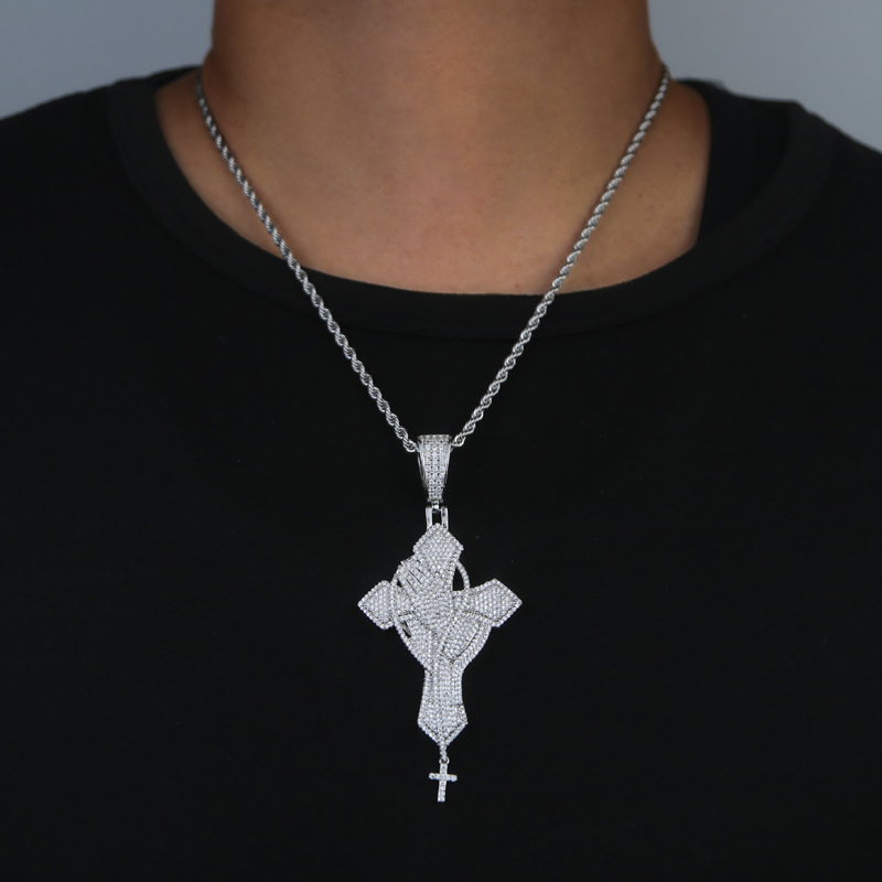 Iced Out Out Praying Hands Cross Pendant In White Gold With Gold Shine - Image 4