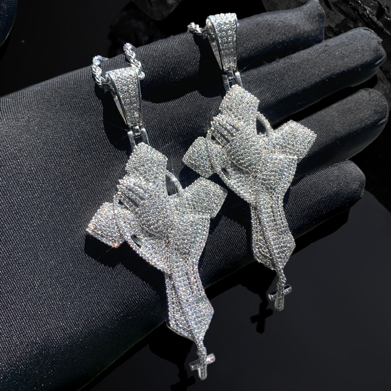 Iced Out Out Praying Hands Cross Pendant In White Gold With Gold Shine