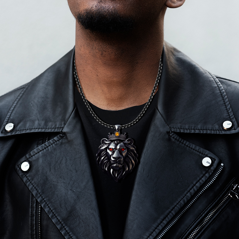 Black Gold Roaring Lion Head With Crown Pendant With Street Luxury Shine - Image 3