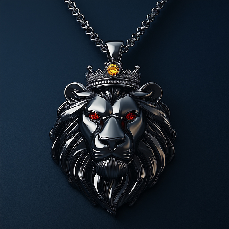 Black Gold Roaring Lion Head With Crown Pendant With Street Luxury Shine