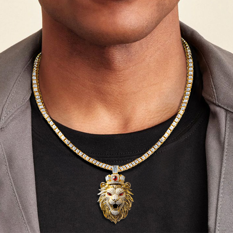 Bold Yellow Gold Red Stone Eye Roaring Lion Head With Crown Pendant - Image 3