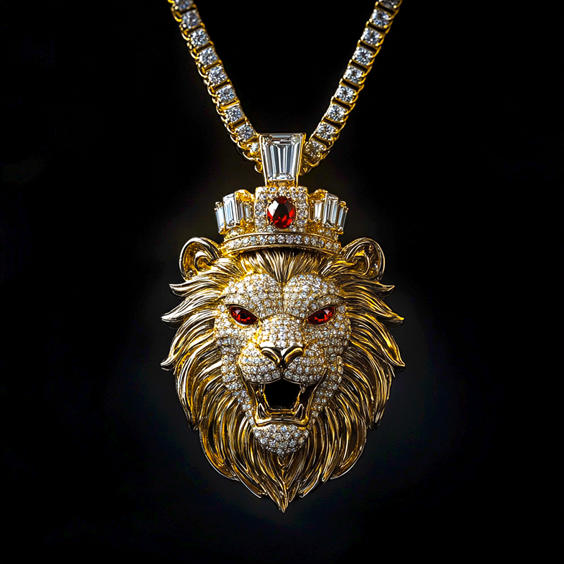 Bold Yellow Gold Red Stone Eye Roaring Lion Head With Crown Pendant