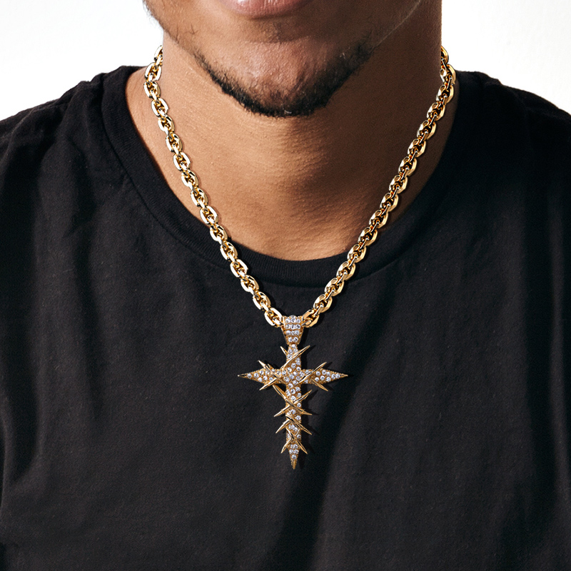 Micro Pave Cross Wrapped Thorns Pendant Gold With Street Luxury Shine - Image 4
