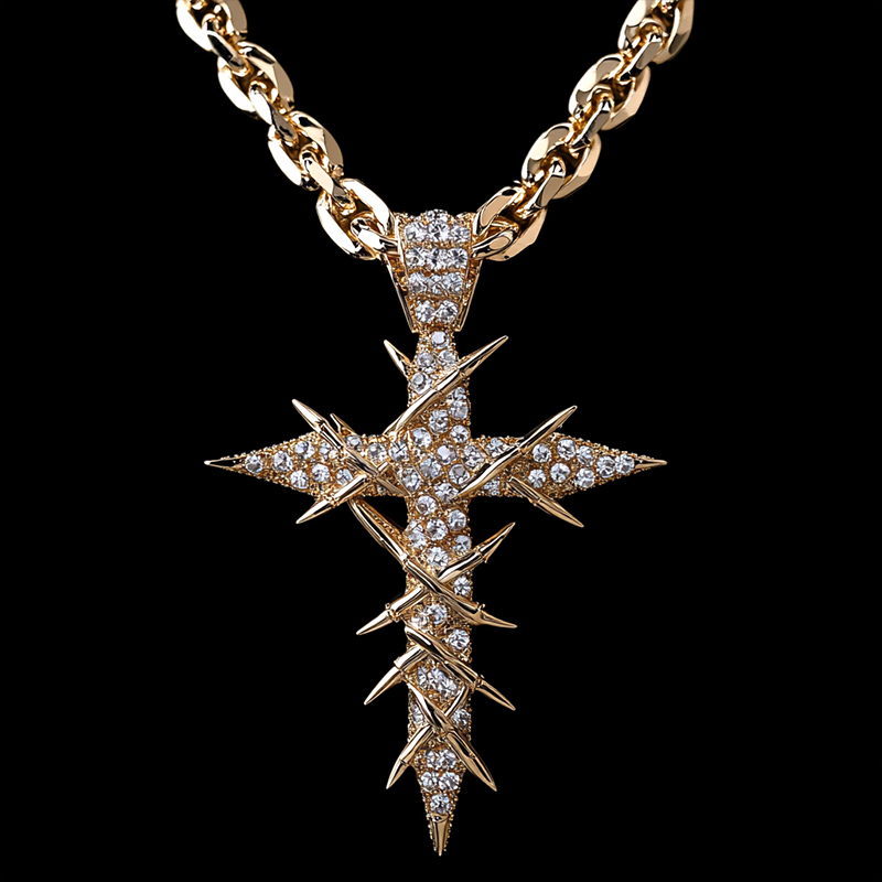 Micro Pave Cross Wrapped Thorns Pendant Gold With Street Luxury Shine