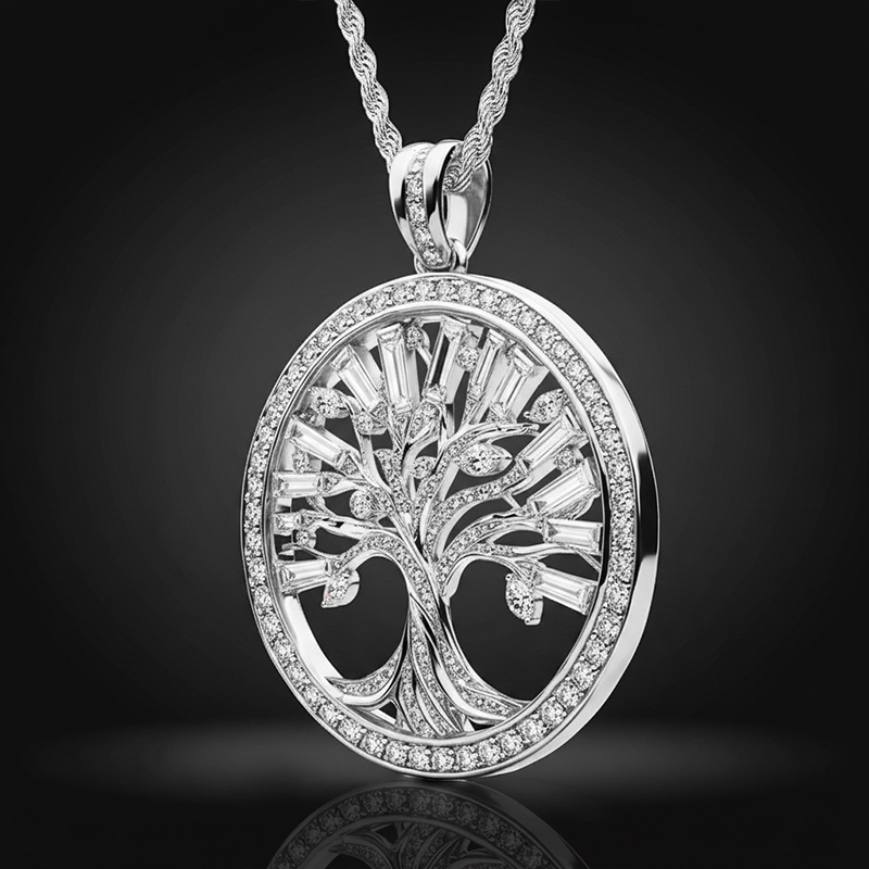 Hollow Round And Baguette Cut Tree Of Life Circle Pendant Moissanite - Image 5