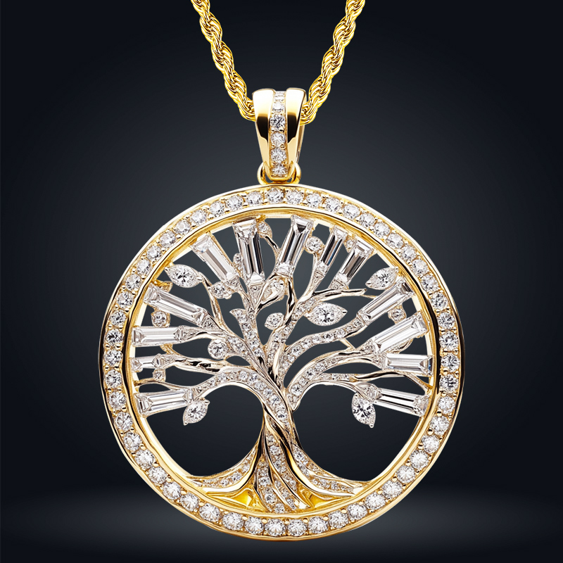 Hollow Round And Baguette Cut Tree Of Life Circle Pendant Moissanite