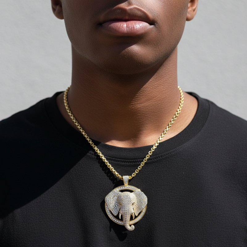 Micro Pave 3d Elephant Head Circle Pendant In Gold With Street Luxury Shine - Image 3