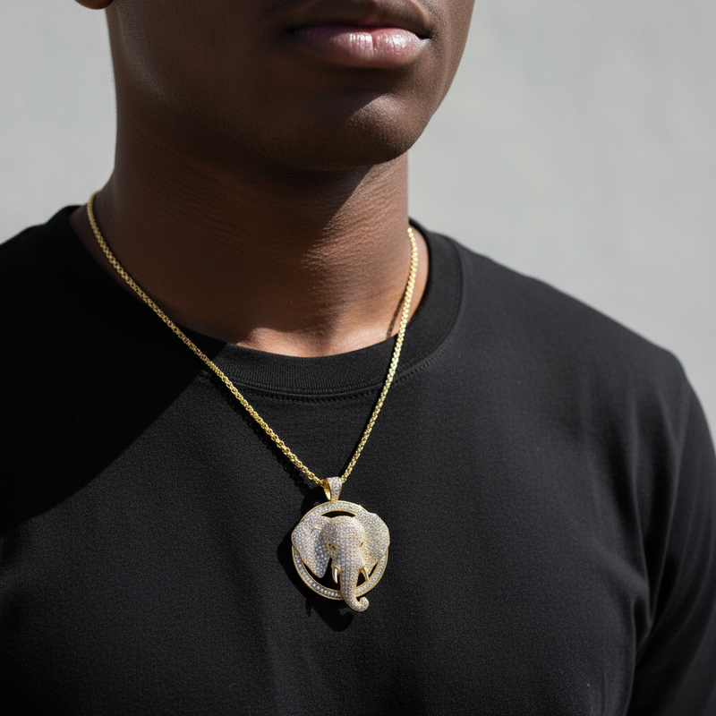 Micro Pave 3d Elephant Head Circle Pendant In Gold With Street Luxury Shine - Image 4
