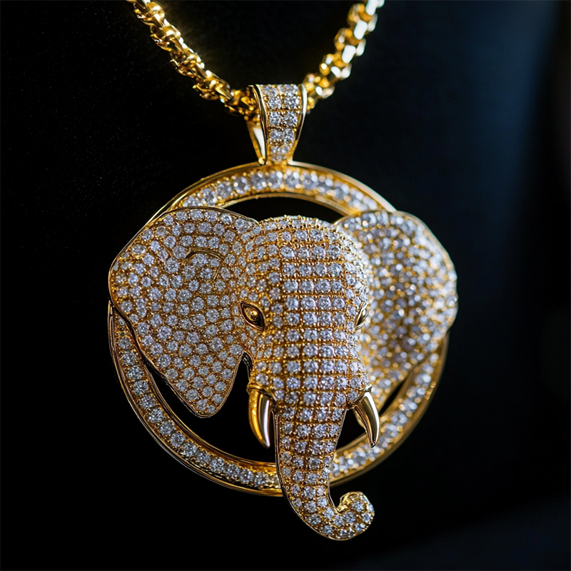 Micro Pave 3d Elephant Head Circle Pendant In Gold With Street Luxury Shine - Image 5